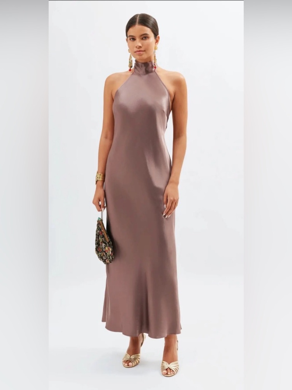 NWT Rixo Maura Halterneck Midi Dress - Mink